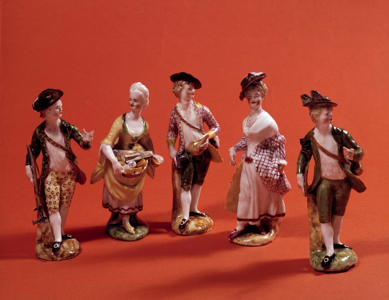 Små figurer som föreställer karaktärer (jägare, menagerare, dam i det höga samhället...) Porslinsstatyetter från 1700-talets venetianska skola. Paris, Dekorativ konst av Venetian School
