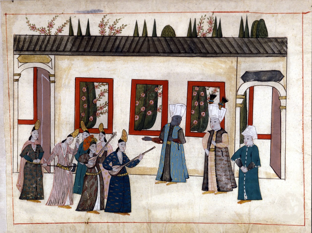 Sultanen besöker favoriten med modern och hövdingen för eunuckerna. Miniatyr från "" Turkish Memorials"" (codex Cicogna 1971 "Memorie Turchesche") Akvarell från 1600-talets venetianska skola. av Venetian School