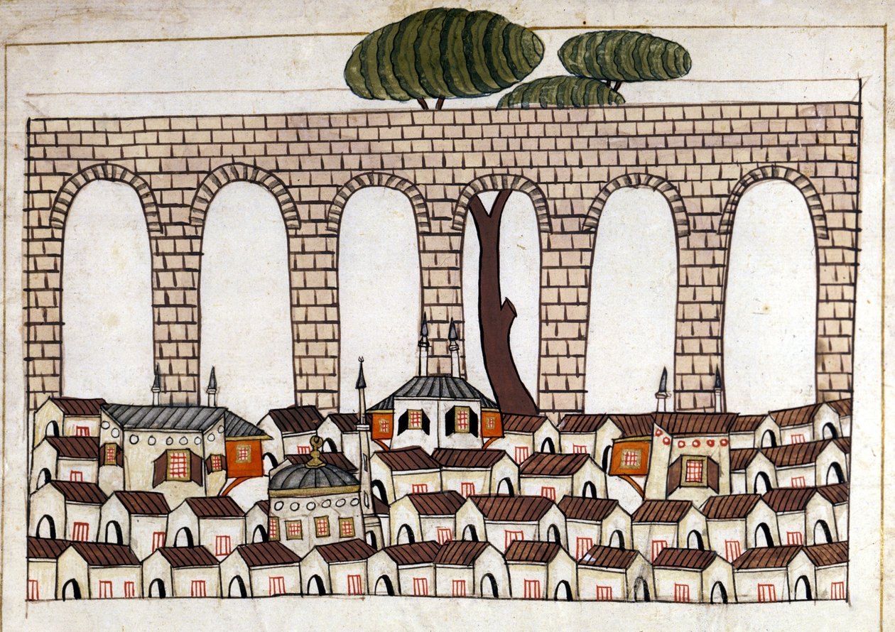 Vy över Konstantinopel och dess akvedukt. Miniatyr från "" Turkish Memorials"" (codex Cicogna 1971 "Memorie Turchesche") Akvarell från 1600-talets venetianska skola. av Venetian School