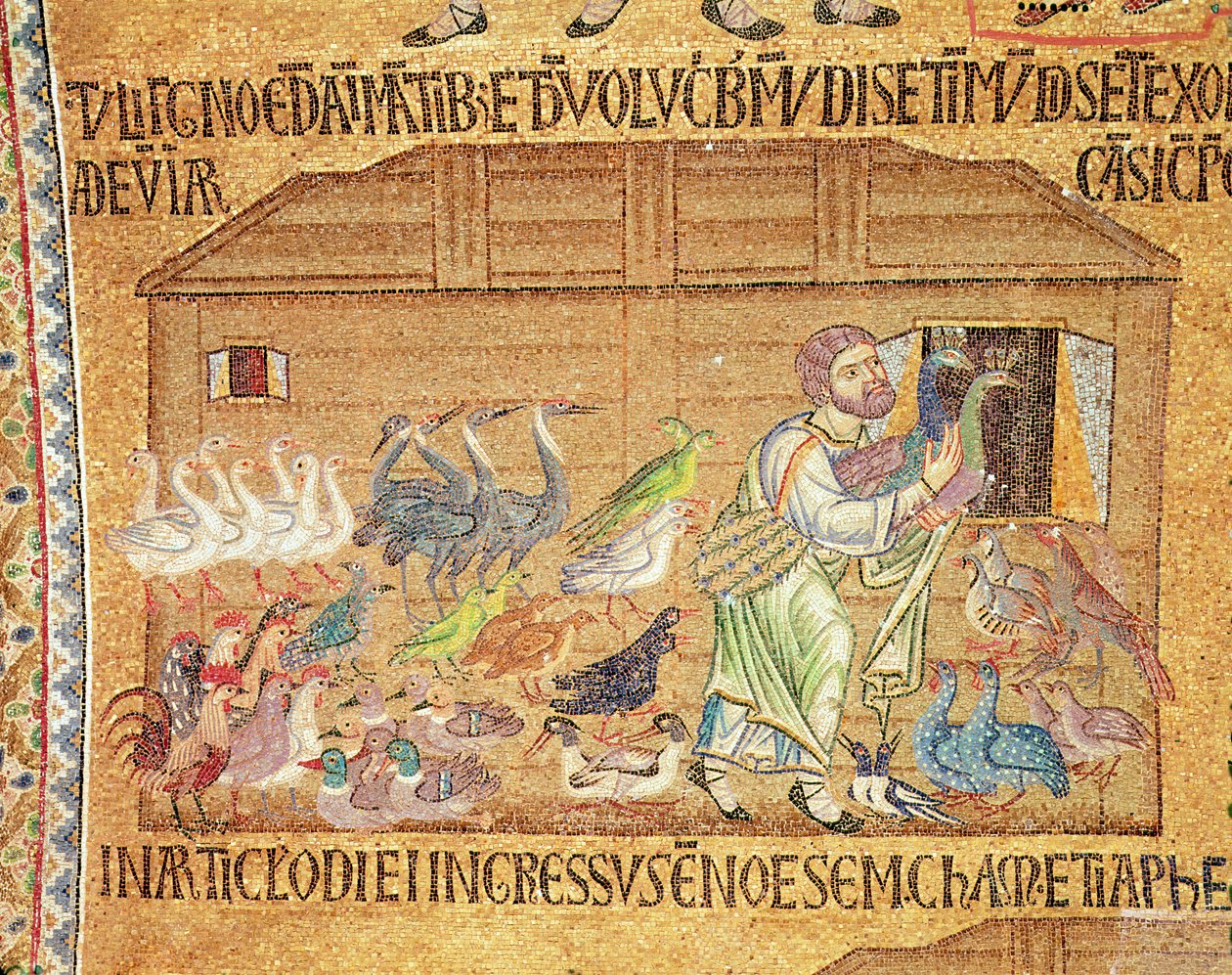 Floden, från Atrium, detalj av Noa som sätter fåglar på arken (mosaik) av Byzantine School