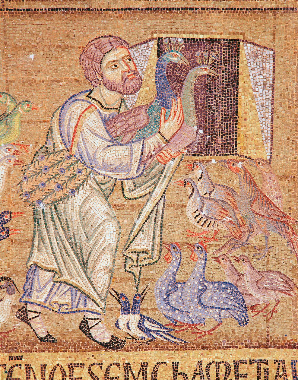 Syndfloden, från Atrium, detalj av Noa som sätter påfåglar på arken (mosaik) av Byzantine School