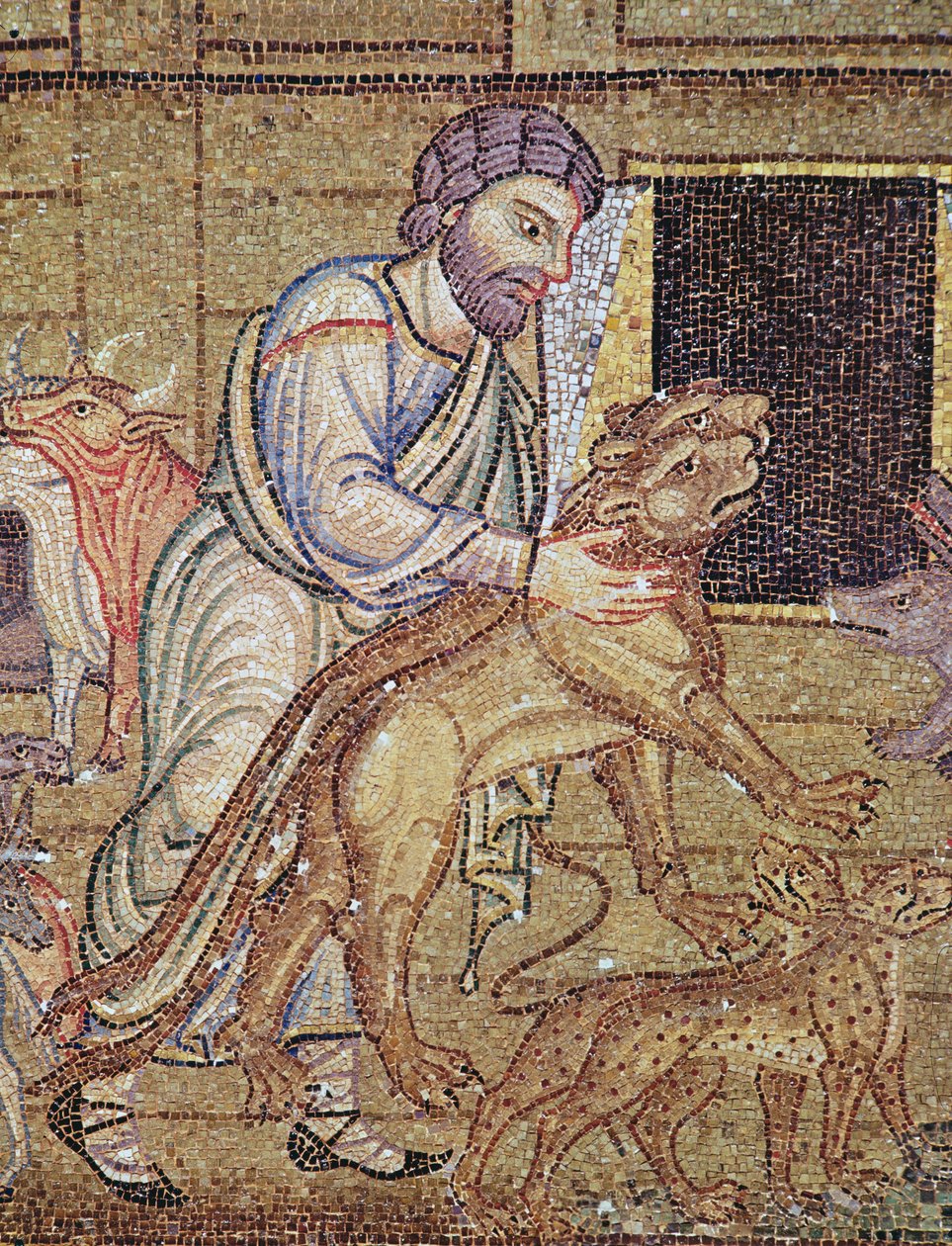 The Flod, from the Atrium, detalj av Noa som sätter vilda djur på arken (mosaik) (detalj av 249414) av Byzantine School
