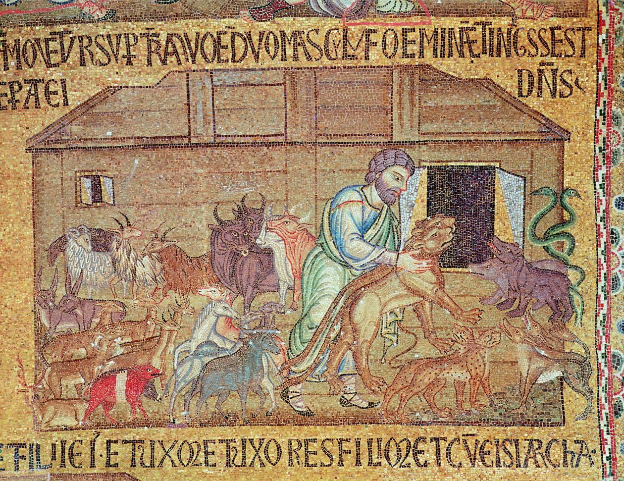 Floden, från Atrium, detalj av Noa som sätter vilda djur på arken (mosaik) av Byzantine School