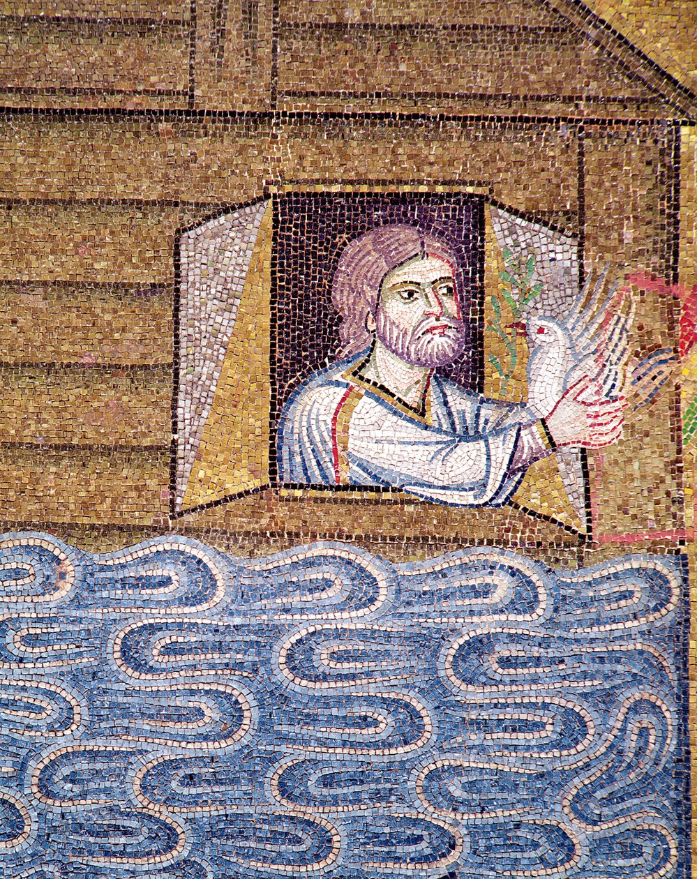 Syndfloden, från Atrium, detalj av Noa som tar emot den vita duvan (mosaik) av Byzantine School