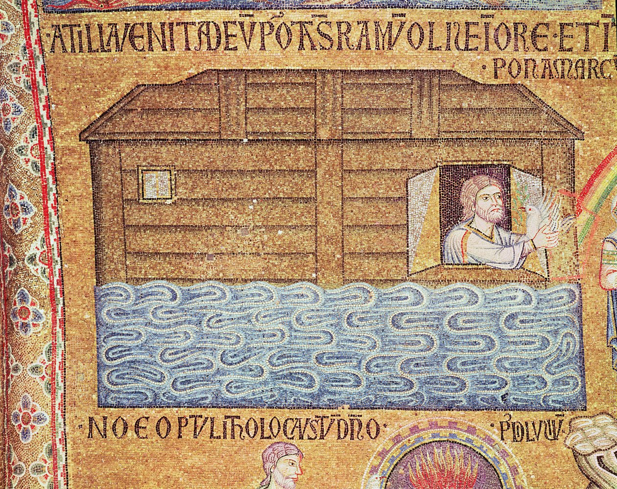 Syndfloden, från Atrium, detalj av Noa som tar emot den vita duvan (mosaik) av Byzantine School