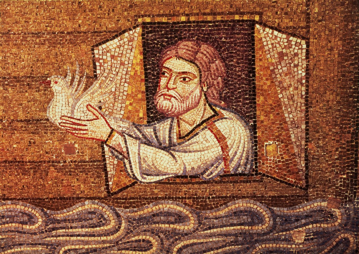 Floden, från Atrium, detalj av Noa som släpper den vita duvan (mosaik) av Byzantine School