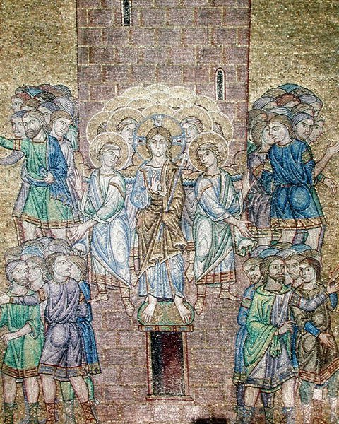 Babels torn, detalj av Kristus och helgon som skingra arbetarna av Byzantine School