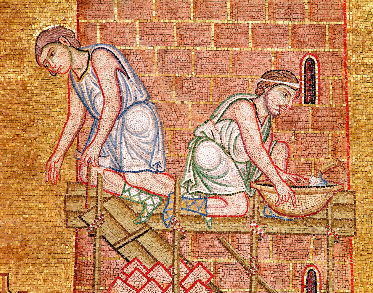 Babels torn, från Atrium, detalj av två byggare (mosaik) av Byzantine School