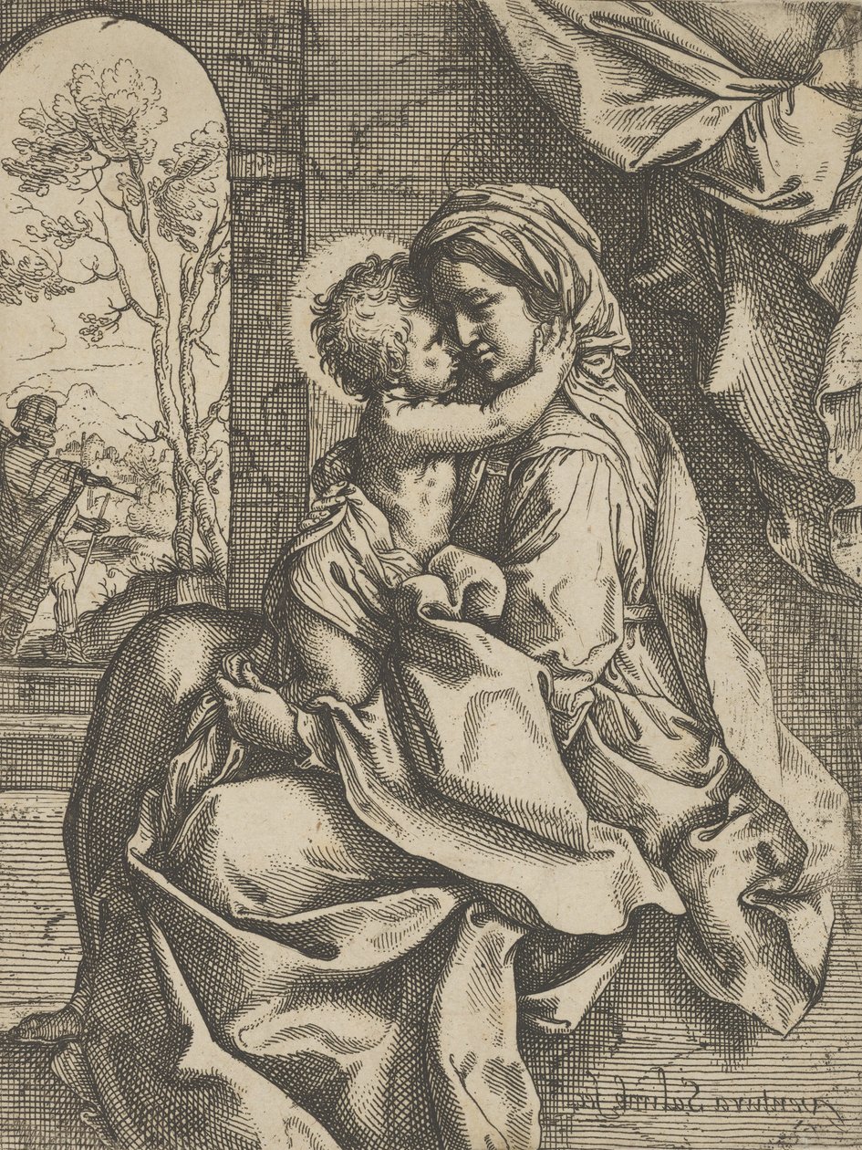 Jungfrun satt med Kristusbarnet i hennes knä och omfamnade henne, Josef såg..., ca. 1600-1613. av Ventura Salimbeni