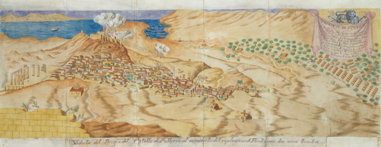 The bombardment of the Parthenon on 26 September 1687 av Verneda Giacomo Milheau