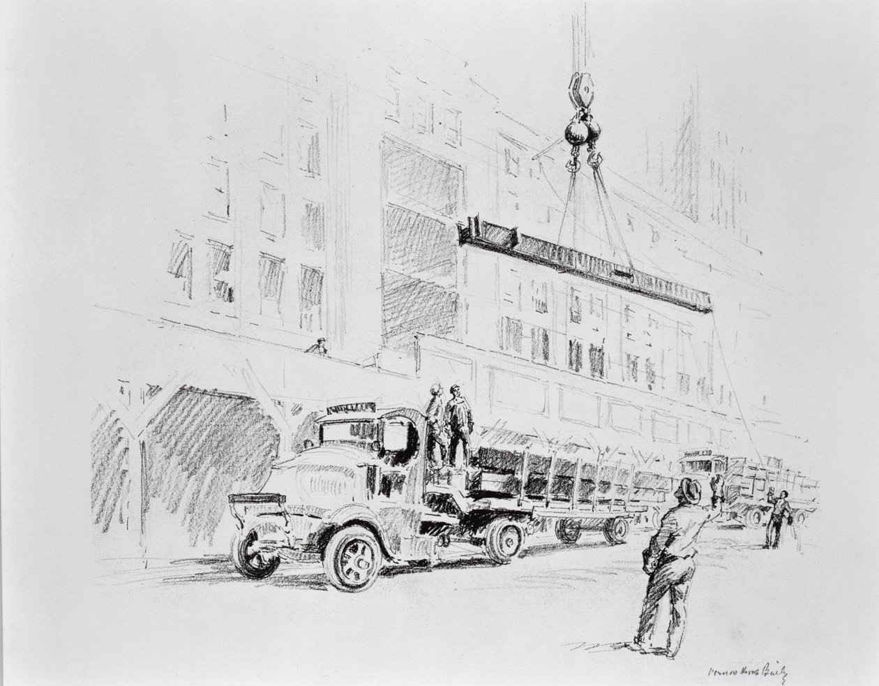 Stålbalk vinschas upp från lastbilen för att användas vid byggandet av Empire State Building, publicerad av William Edwin Rudge av Vernon Howe Bailey