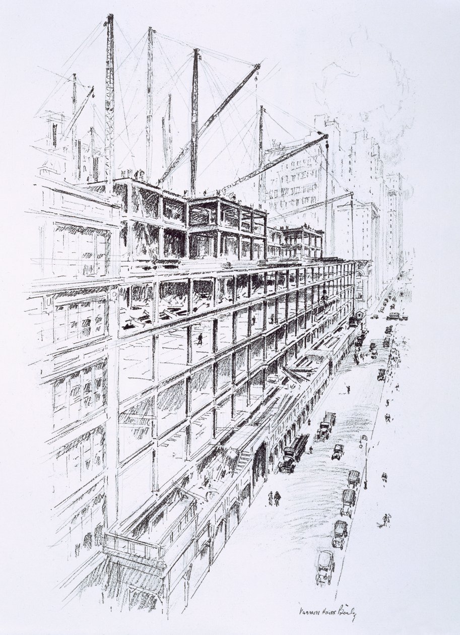 Vy över lyftkranarna på 8:e våningen i Empire State Building, maj 1930, publicerad av William Edwin Rudge av Vernon Howe Bailey