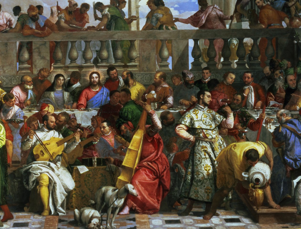 Bröllopsfesten i Cana, detalj av musiker och hundar, c.1562 olja på duk detalj av 94932 av Paolo Veronese