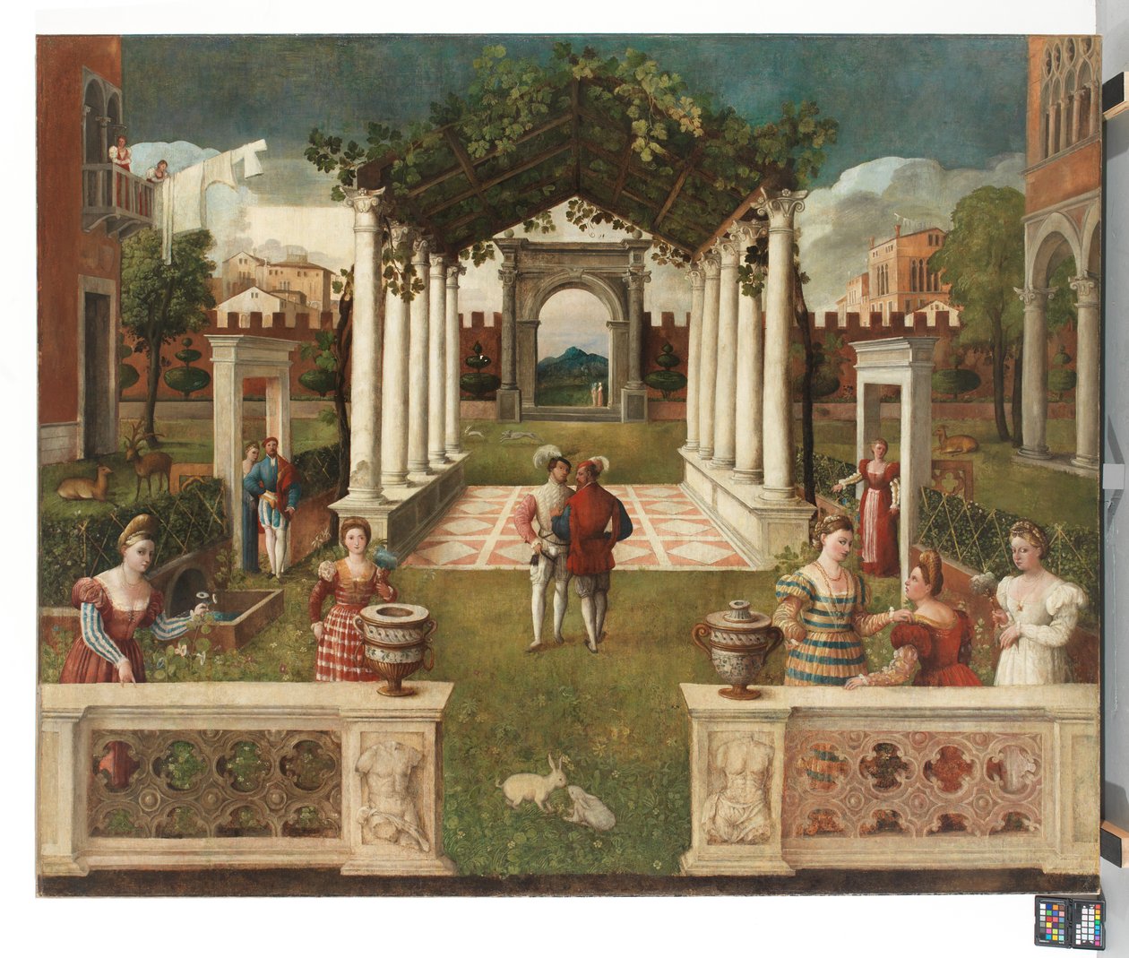 En klassisk arkitektonisk trädgård med eleganta figurer, ett bergigt landskap bortom, ca. 1530 (olja på duk) av Veronese School