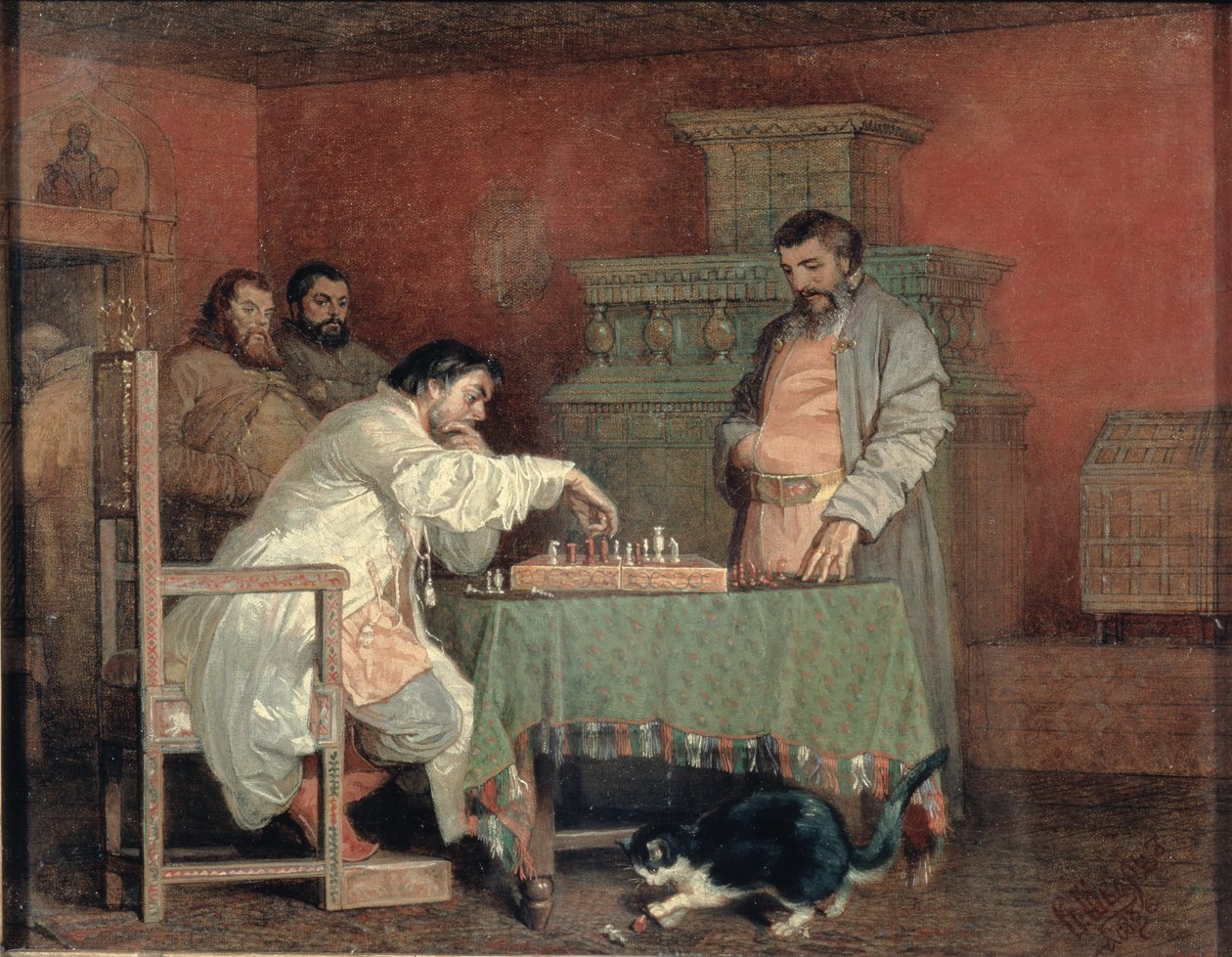Scen ur den ryska tsarens liv: att spela schack, 1865 av Viatcheslav Grigorievitch Schwarz