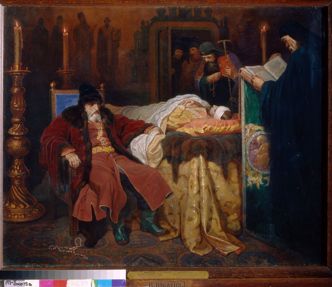 Ivan IV sa den fruktansvärda (1530-1584) och hans son Ivan (1554-1581), fredagen den 16 november 1581. (Ivan den fruktansvärda och hans son Ivan på fredagen den 16 november av Viatcheslav Grigorievitch Schwarz