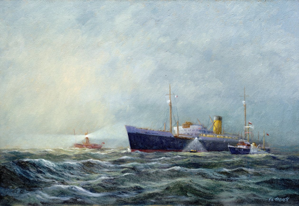 En Pathfinder (tvåsitsig motorbåt) lämnar ett passagerarflygplan framför fyrbåten (lighthouse boat) utanför Harwich (England). Olja på duk av Vic Trevett () av Vic Trevett