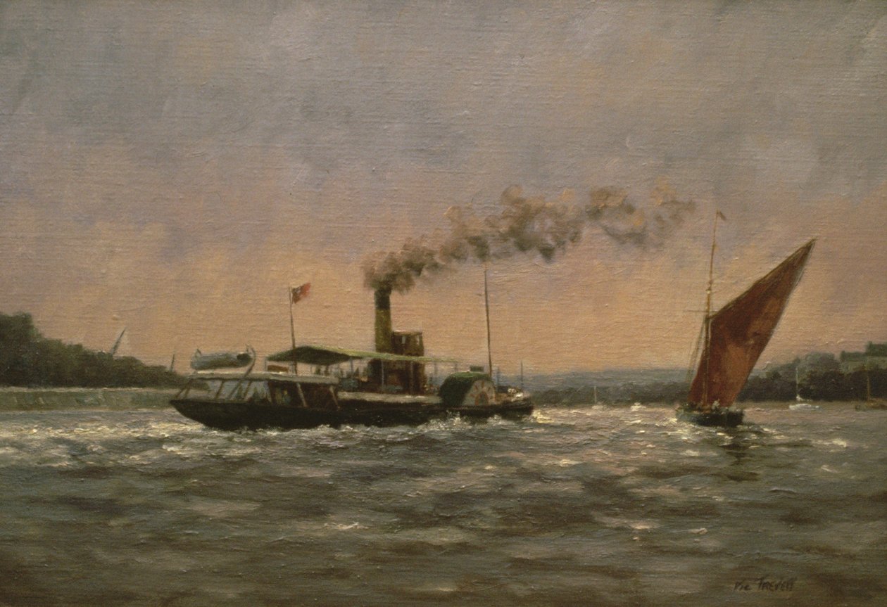 Förbi på Medway (med en restaurerad hjulångare, Kingswear Castle) av Vic Trevett