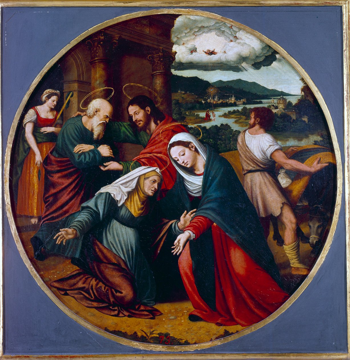 Visitation. Möte mellan Jungfru Maria och Saint Elizabeth. Innerst inne, den helige Josef och Sakarja. Målning av Juan Vincente Macip (1490-1550) Ec. Esp. av Vicente Juan (c.1510 79) Macip