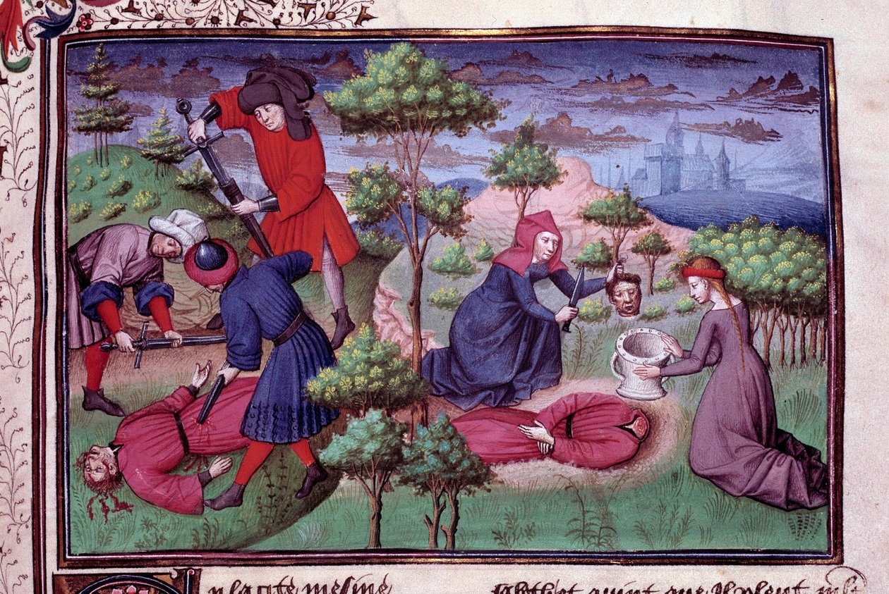 Mordplats för två män vars mördare skar av dem huvudet. Sida av ett manuskript på franska av "Decameron"" av Giovanni Boccaccio dit Jean Boccace (1313-1375), italiensk författare, upplyst av Mästaren av Mansel. 1450. Paris, Arsenals bibliotek av Vicente de Paredes