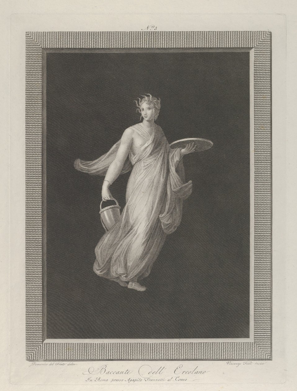 En delvis naken bacchante som håller en skiva i sin upphöjda vänstra hand och en hink i h..., ca. 1795-1820 av Vicenzo Feoli
