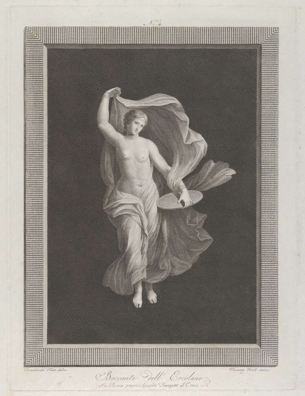 En delvis naken bacchante som håller en skiva i vänster hand och lyfter upp sina plagg ..., ca. 1795-1820 av Vicenzo Feoli