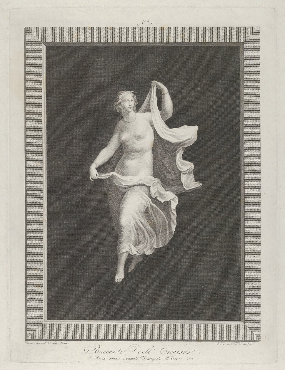 En delvis naken bacchante som kliver fram och håller i ändarna av sitt draperi i varje ..., ca. 1795-1820 av Vicenzo Feoli