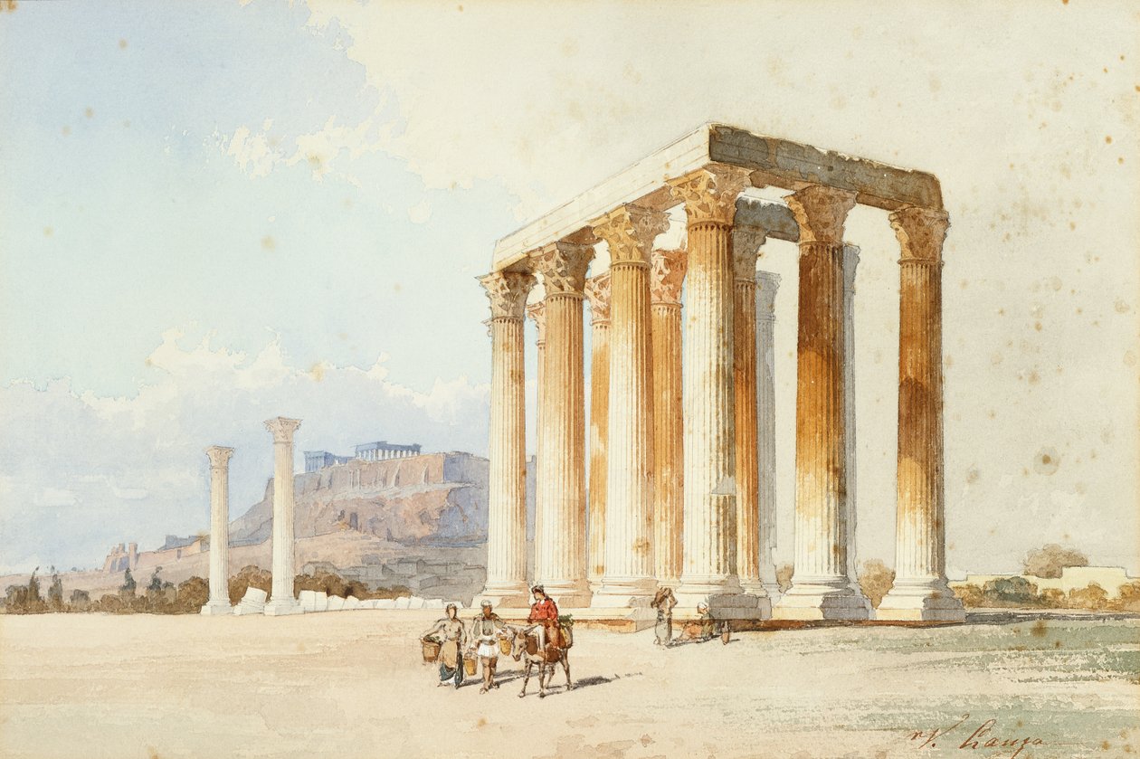 Zeus tempel med Akropolis, Parthenon, Aten (akvarell och kroppsfärg) av Vicenzo Lanza