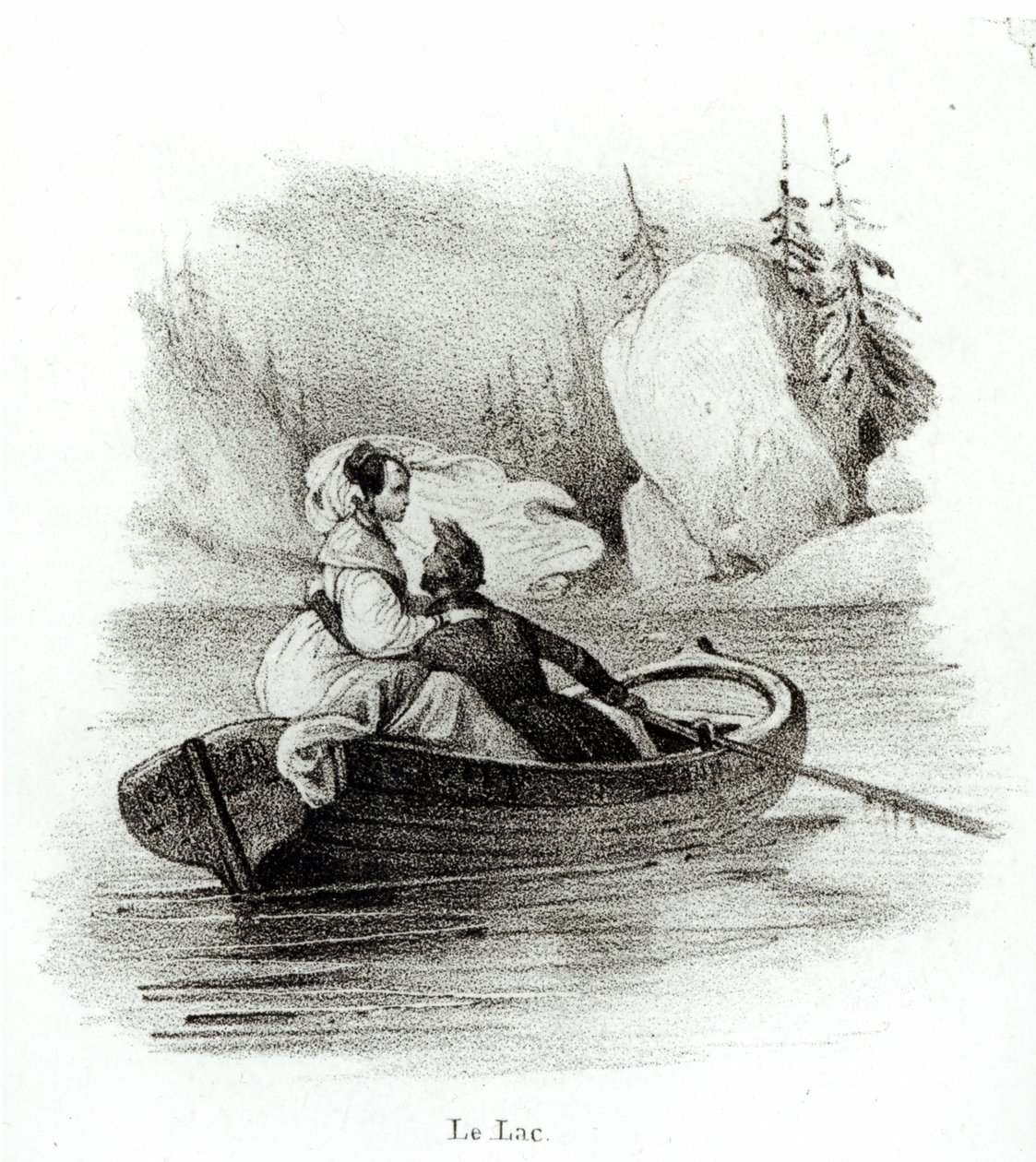 Alphonse de Lamartine (1790-1869) na Elvire kwenye Ziwa huko Bourget, iliyochongwa na Alfred Lemercier swed. av Victor Adam