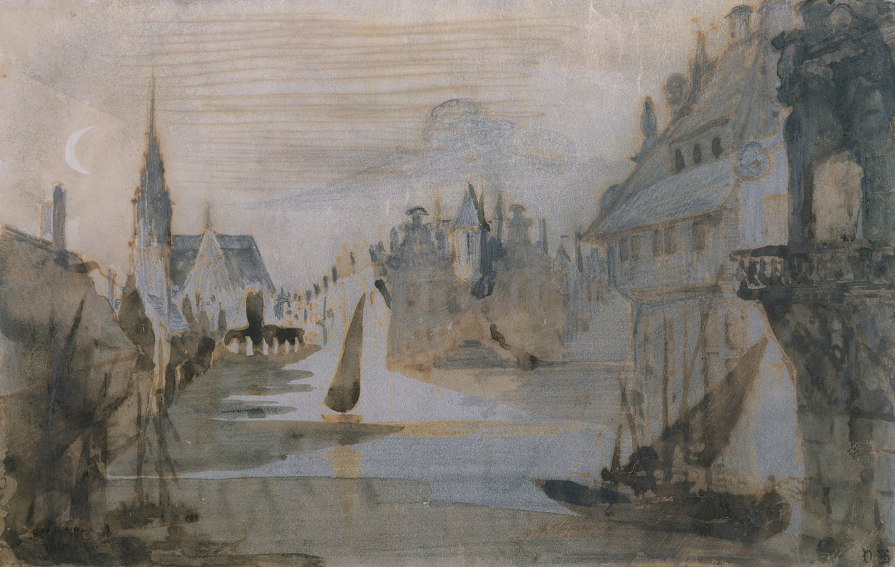 En hamn i Flandern (penna & bläck, penna och tvätt på papper) av Victor Hugo