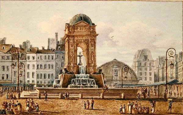 Utsikt över platsen och fontänen i Marche des Innocents, Paris, ca 1810 (wc på papper) av Victor Jean Nicolle
