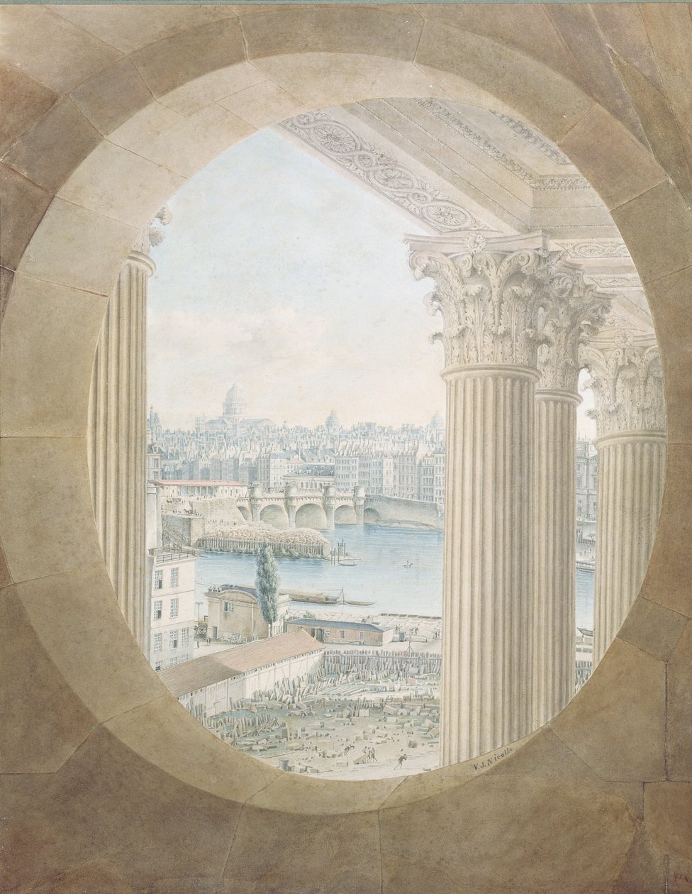 Utsikt över Pont Neuf från ett tjurfönster på Louvren, 1810 av Victor Jean Nicolle