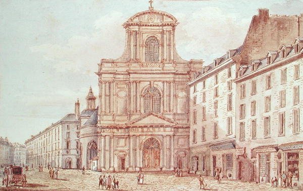 Utsikt över portalen till kyrkan Saint-Gervais, Paris (wc på papper) av Victor Jean Nicolle