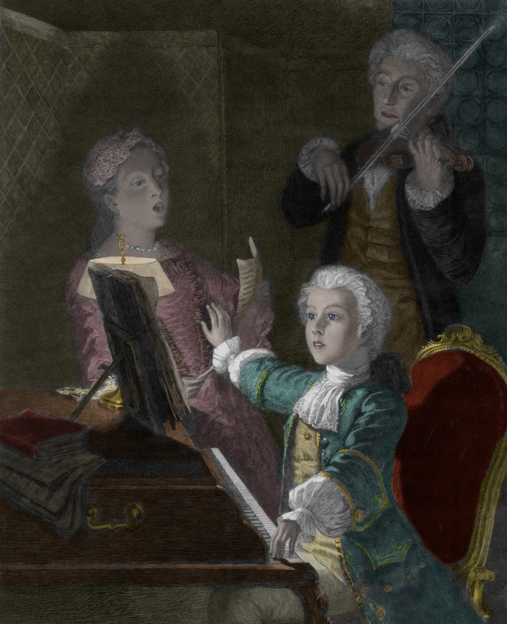 Wolfgang Amadeus Mozart med sin far Leopold och sin syster Marie-Anne av Victor Louis Focillon