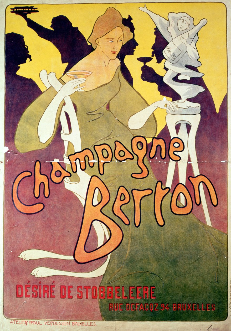 Champagne Berton, tryckt av Josse Goosens 1876-1929 ca 1900 färgad litografi av Victor Mignot