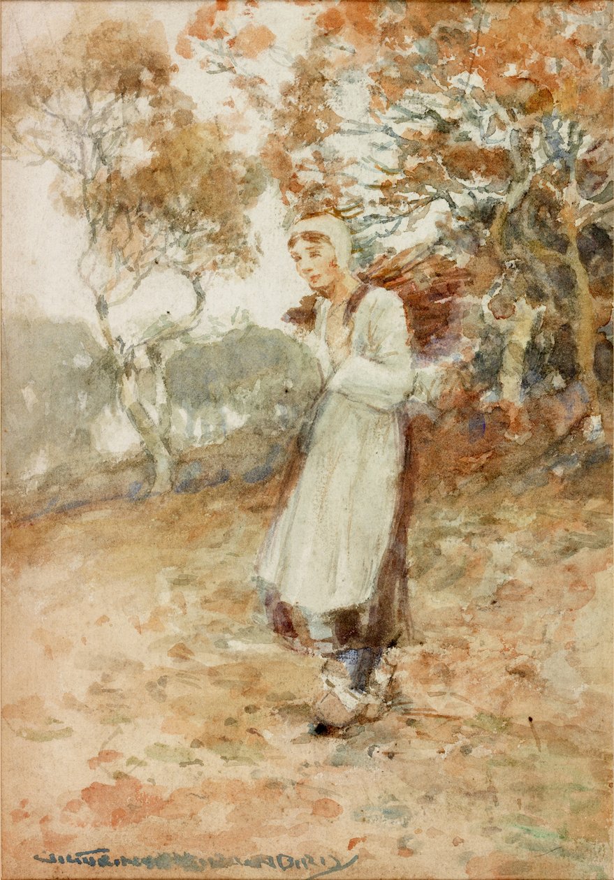 Flicka som bär en bunt med pinnar (akvarell på papper) av Victor Noble Rainbird