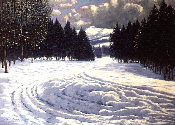 Slädespår i en snöig glänta av Victor Olgyai