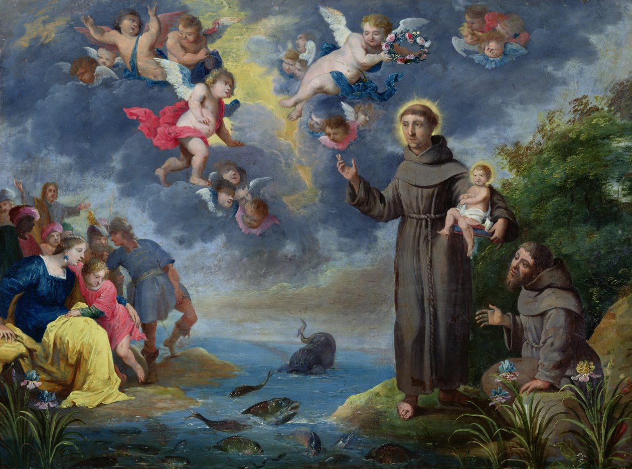 Sankt Antonius av Padua predikar för fisken (olja på koppar) av Victor Wolfvoet