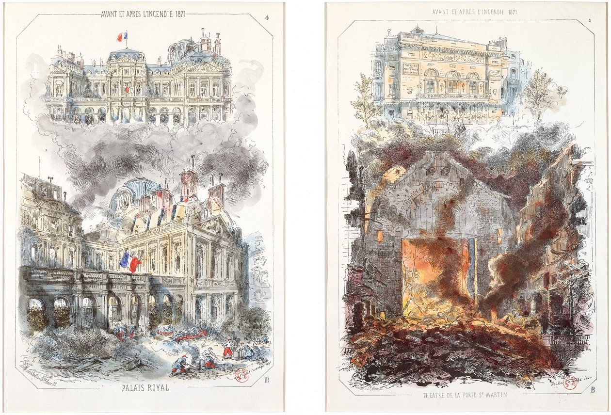 Palais Royal och Theatre de la Porte Saint-Martin före och efter branden 1871 av Victor after Coindre