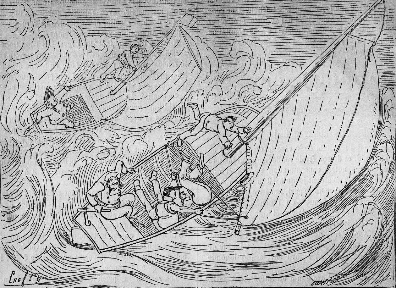Seglingskappsegling: två regattor, Goëland och Monitor kapsejsade - utdrag från fyren i Kerkamadec - teckning av Crafty - i "" Le Centaure"" av Victor  Geruzez