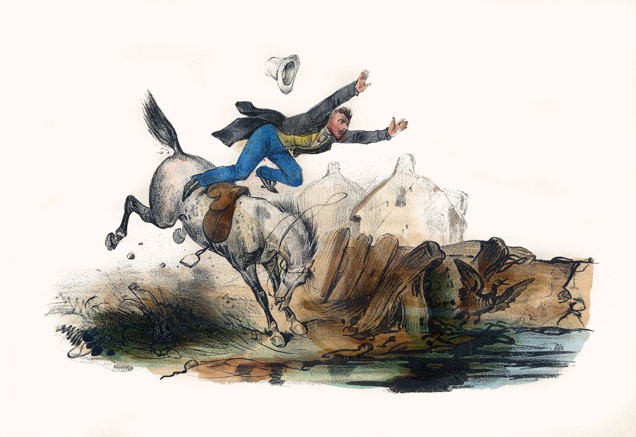 En ryttare faller efter rusningen av sin häst. I "" Album Grotesque, Choices of Outstanding Types", illustrationer av Victor Adam, Paris, cirka 1850. av Victor Adam