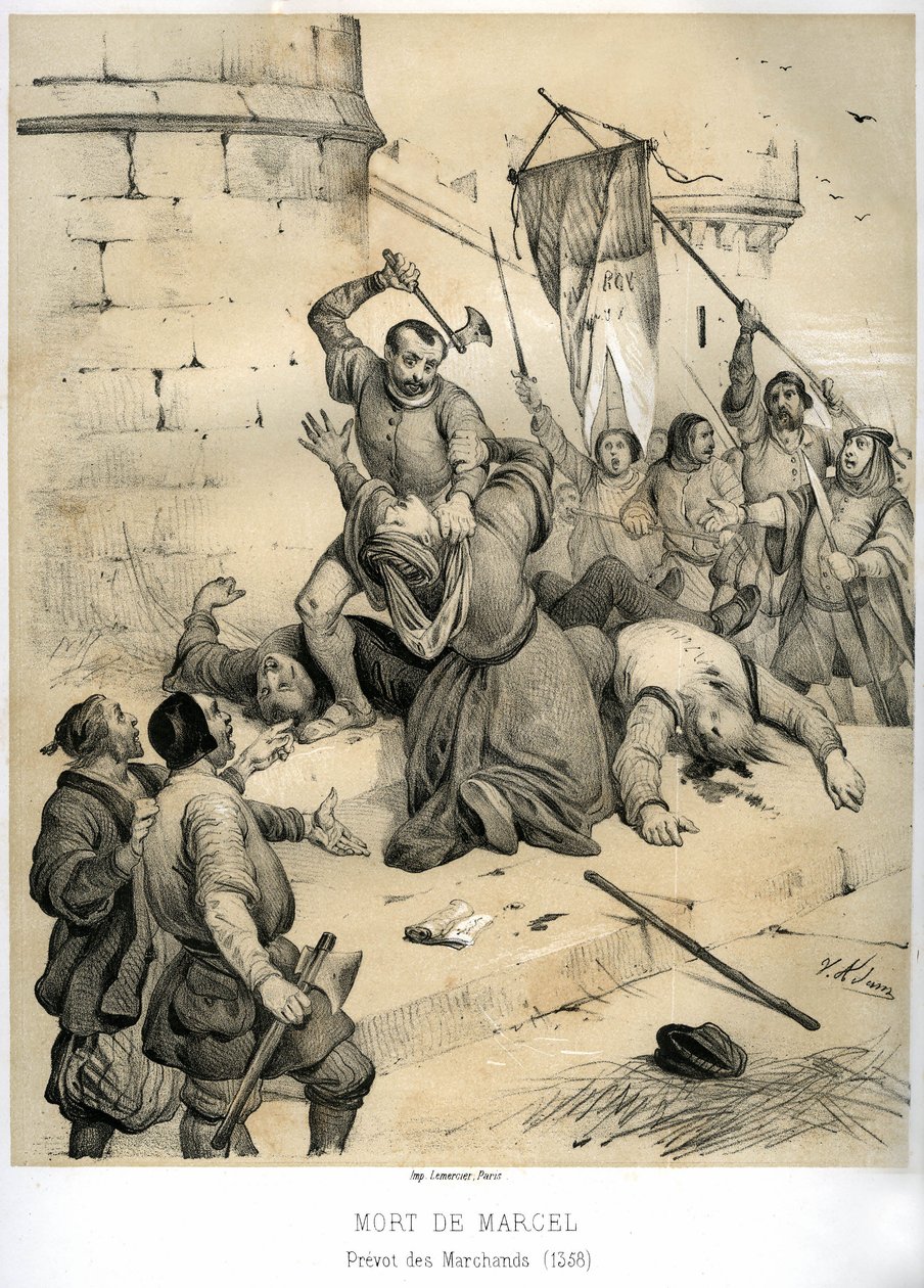 Mordet på Etienne Marcel, rik drapier och Prevot des merchants (1316-1358), av echevinen Jean Maillart, en av ledarna för det rojalistiska partiet, i juli 1358. Gravyr av Victor Adam (1801-1866) i boken "France in the Middle Ages" utgiven av Victor Adam