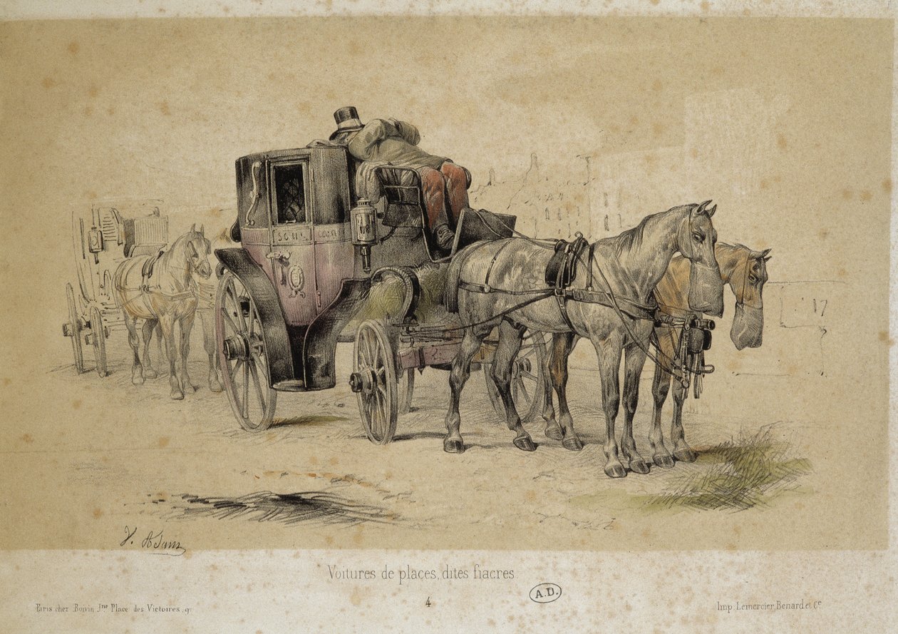 Bilar som kallas fiacres - Litografi av Adam, v.1840 av Victor Adam