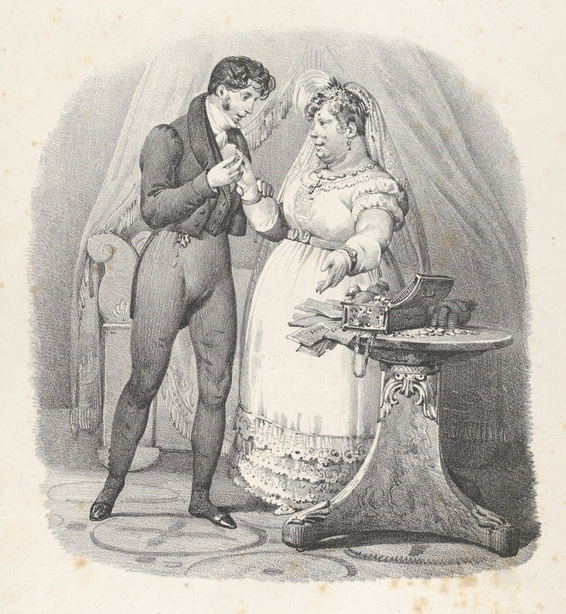 Kille. XVIII: Det måste finnas ett slut! Jag gifter mig med henne. Det måste ta slut! Jag är gift, 1824., av Victor Adam