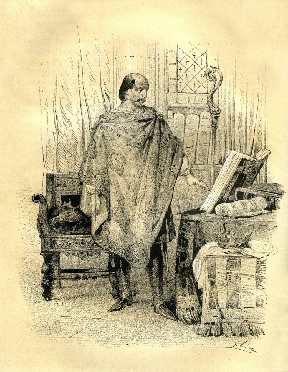 Karl 2 den skallige (823-877), kung av Akvitanien (838), kung av Västfrankrike (840), kung av Lothringen och Burgund (869), kejsare av Väst (875). Gravyr av Victor Adam (1801-1866) i boken "France in the Middle Ages" utgiven av Ardant-buljongen av Victor Adam