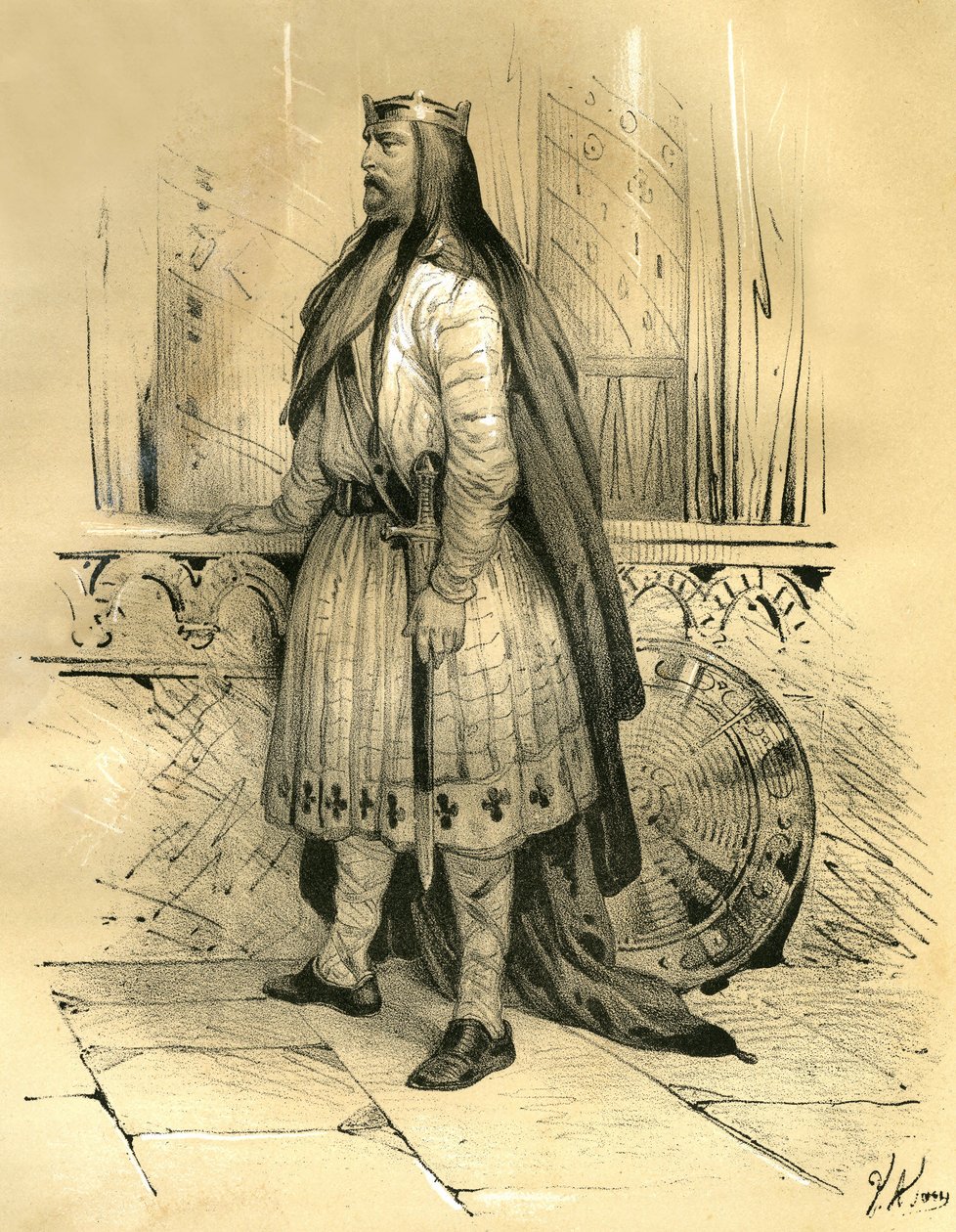Klodion den hårige, ledare för Saliens Francs från omkring 428 till sin död 447, troligen förfader till merovingerna. Gravyr av Victor Adam (1801-1866) i boken "France in the Middle Ages" utgiven av bröderna Ardant i mitten av 1 av Victor Adam