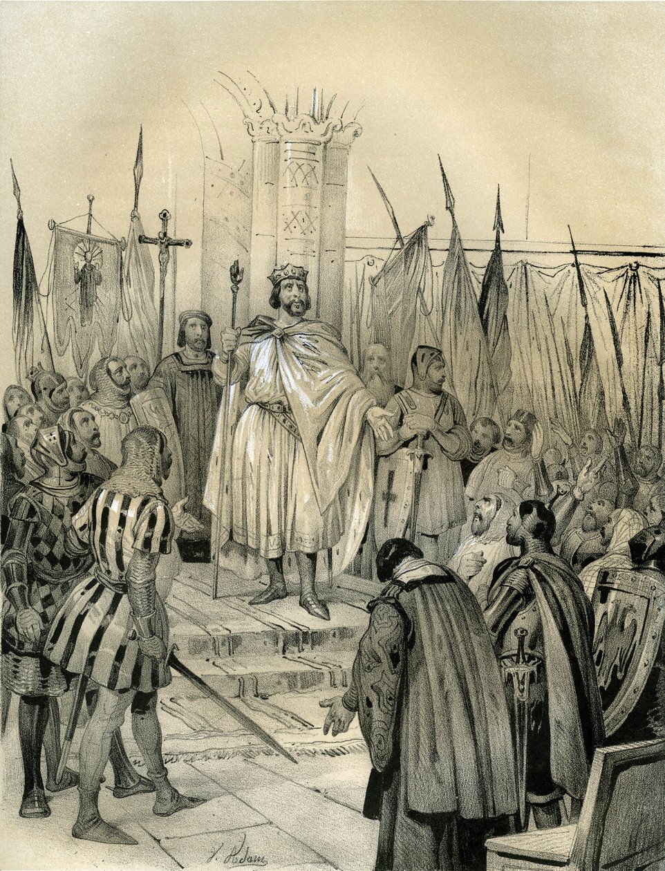 Kröning av Hugues Capet (941-996) i Noyon år 987. Denna kröning markerade början på Capetians dynasti, kungar av Frankrike som återfick, i direkt eller indirekt tronföljd, i 8 år. Gravyr av Victor Adam (1801-1866) i boken "Frankrike under av Victor Adam