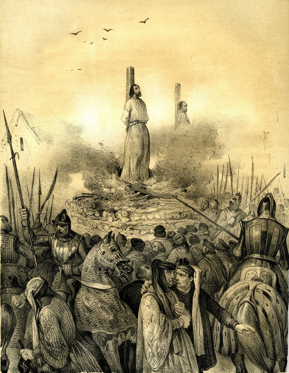 Jacques de Molay (Molai) (1243-1314), den siste store mästaren i tempelriddarorden (1298), dör på slaktbänken. Philippe le Bel lät arrestera honom (1307), torterade och fängslade honom innan han brände honom levande, tillsammans med Normandies befälhavare  av Victor Adam