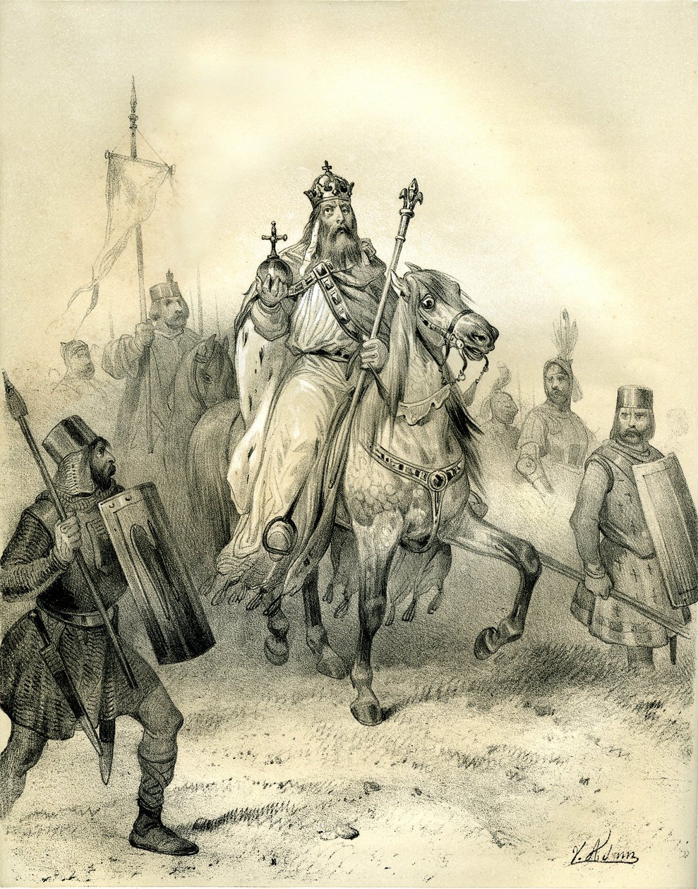 Kejsar Charlemagne, som bär maktens emblem, rider i spetsen för sina trupper soldater i rustning. Gravyr av Victor Adam (1801-1866) i boken "France in the Middle Ages" som gavs ut av bröderna Ardant i mitten av 1800-talet. av Victor Adam