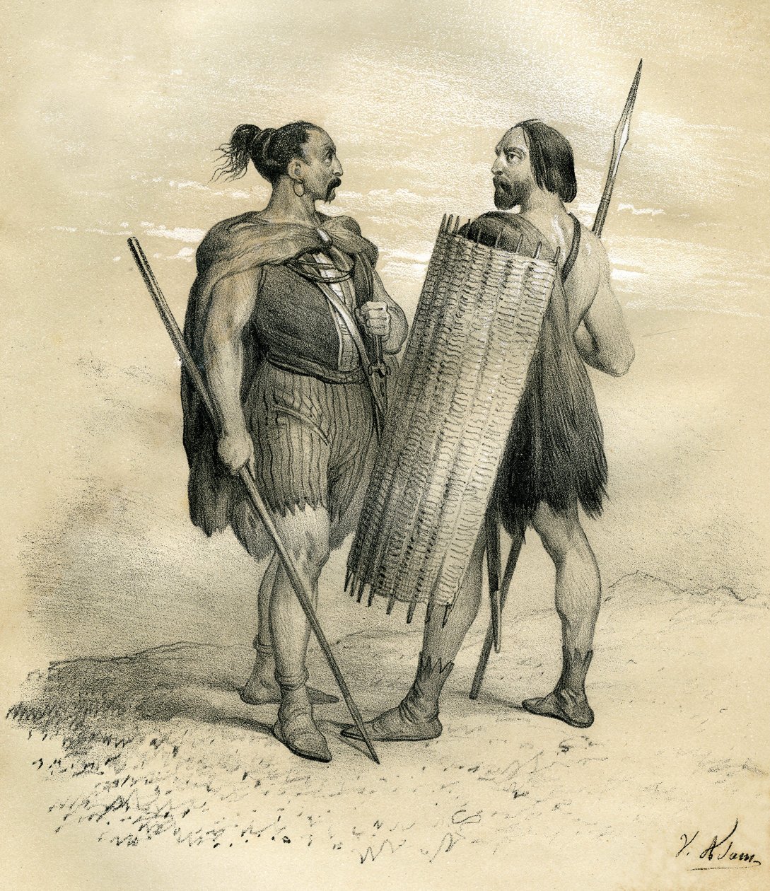 Franc- och Sicamberkrigare omkring år 254. Sicamberna var ett germanskt folk söder om Lippe, som underordnades romarna på 800-talet och sedan integrerades i francfolket. Gravyr av Victor Adam (1801-1866) i boken "France in t av Victor Adam